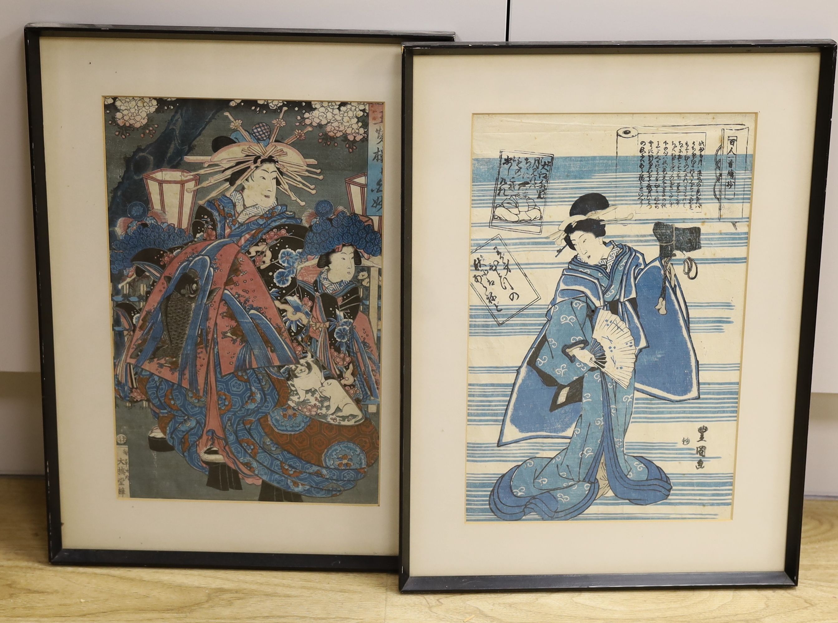 Japanese School, two woodblock prints, Woman with fan and Woman with attendant, largest 35 x 22cm